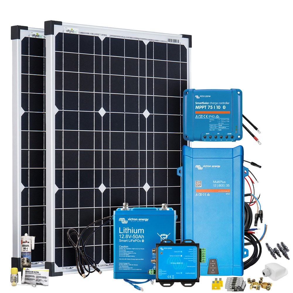 Setansicht: 2 Solarmodule, Victron Batterie mit passendem BMS, MultiPlus, SmartSolar und umfangreichem Zubehör