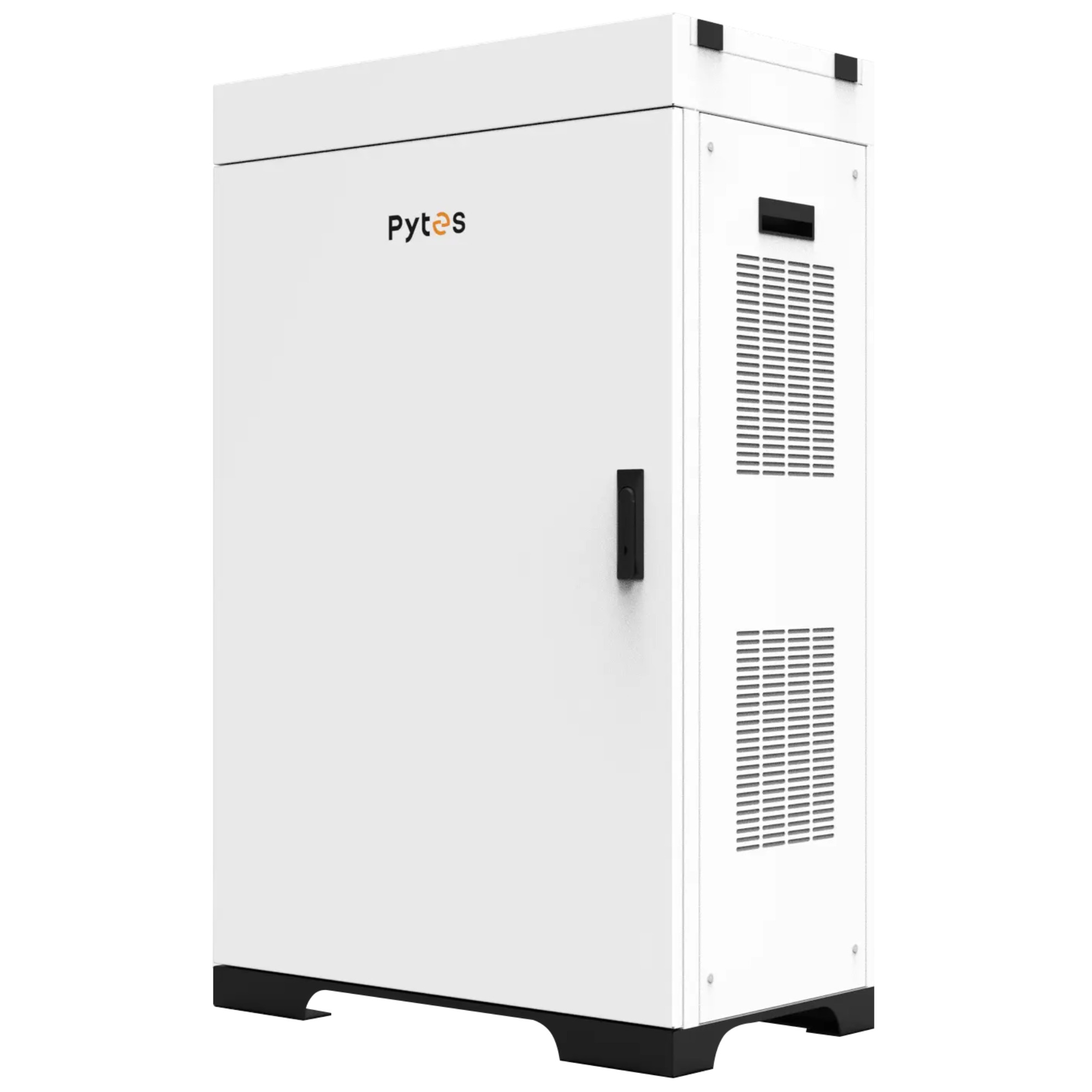 weißer Batterieschrank mit Pytes Logo schräge Frontansicht rechts