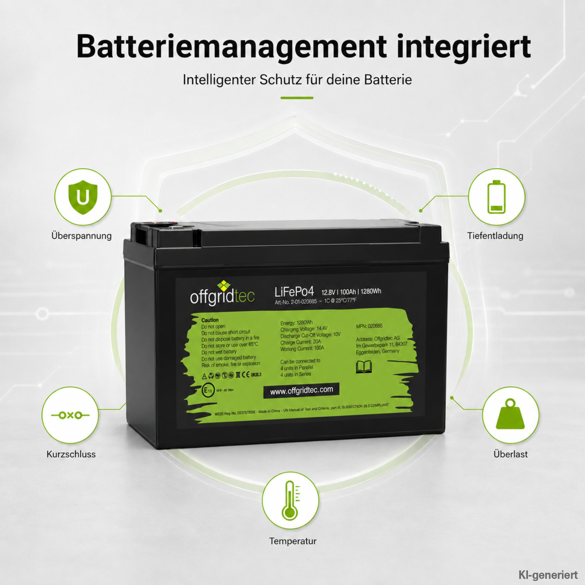 schwarze Offgridtec LiFePO4 Batterie 12V 100Ah integriertes Batteriemanagement