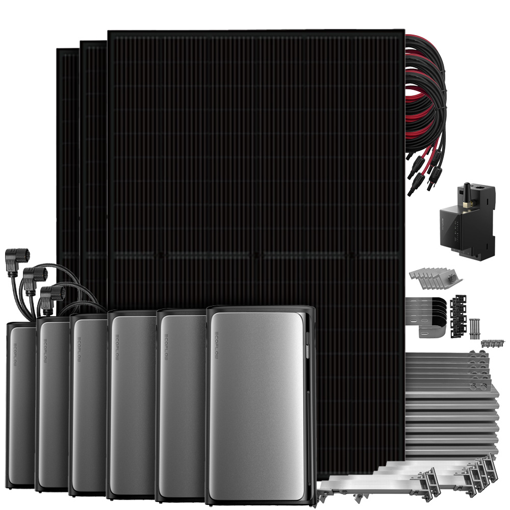 Setansicht: 3 Solarmodule, EcoFlow Stream Pro All-in-1 System, 5 AC Pro Batterien, Smart Meter, Kabel & Balkon-Montageset