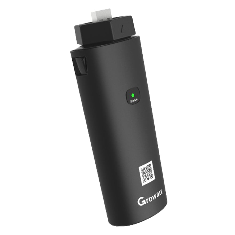 Schwarzer Growatt Shine RF Stick-x2 mit grünem LED, QR Code und Growatt-Logo auf der Vorderseite