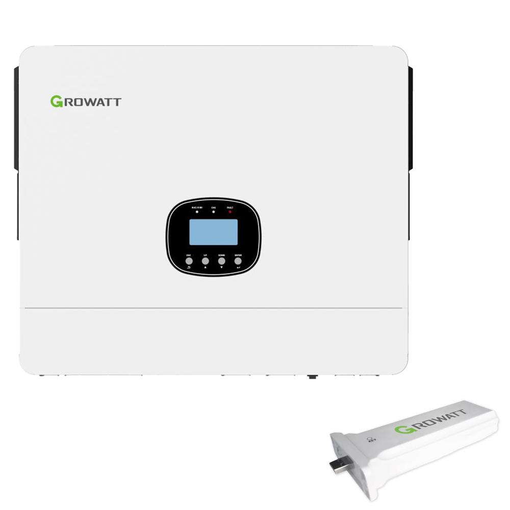 Frontansicht des weißen Growatt SPE 1200 ES Hybrid-Wechselrichters; daneben weißer Shine WiFi-F Stick in Schrägansicht
