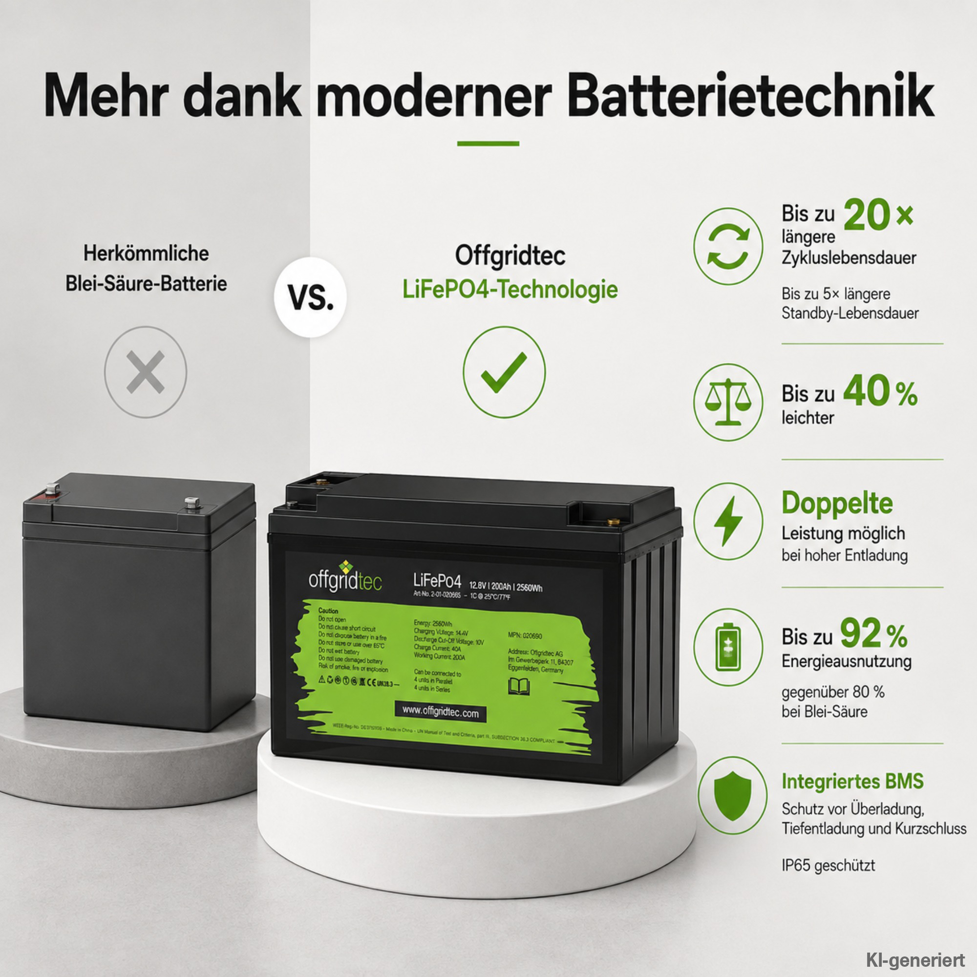 schwarze Offgridtec LiFePO4 Batterie 12V 200Ah Vergleich mit Blei-Säure-Akku