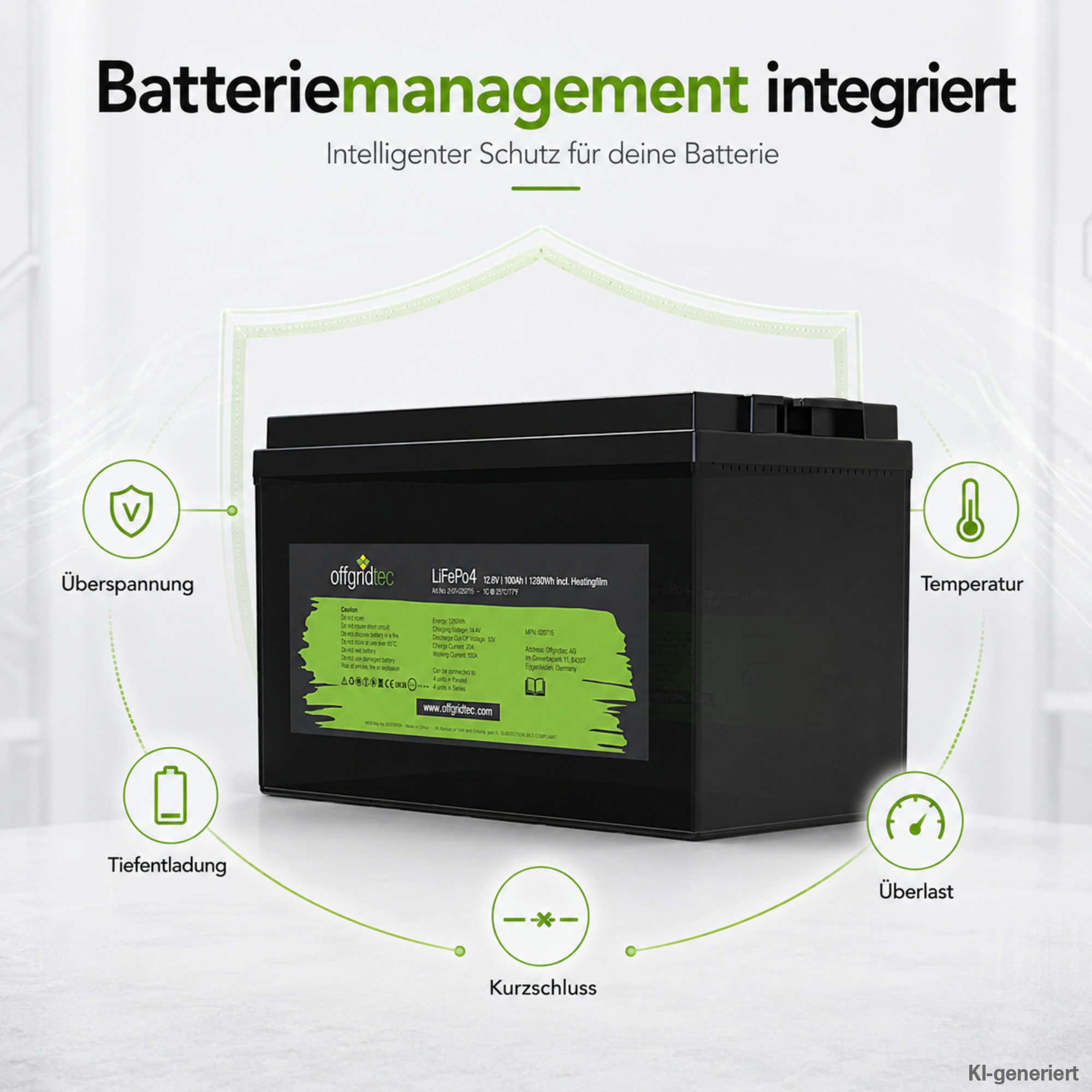 schwarze Offgridtec LiFePO4 Batterie 12V 100Ah mit Heizmatte integriertes Batteriemanagement