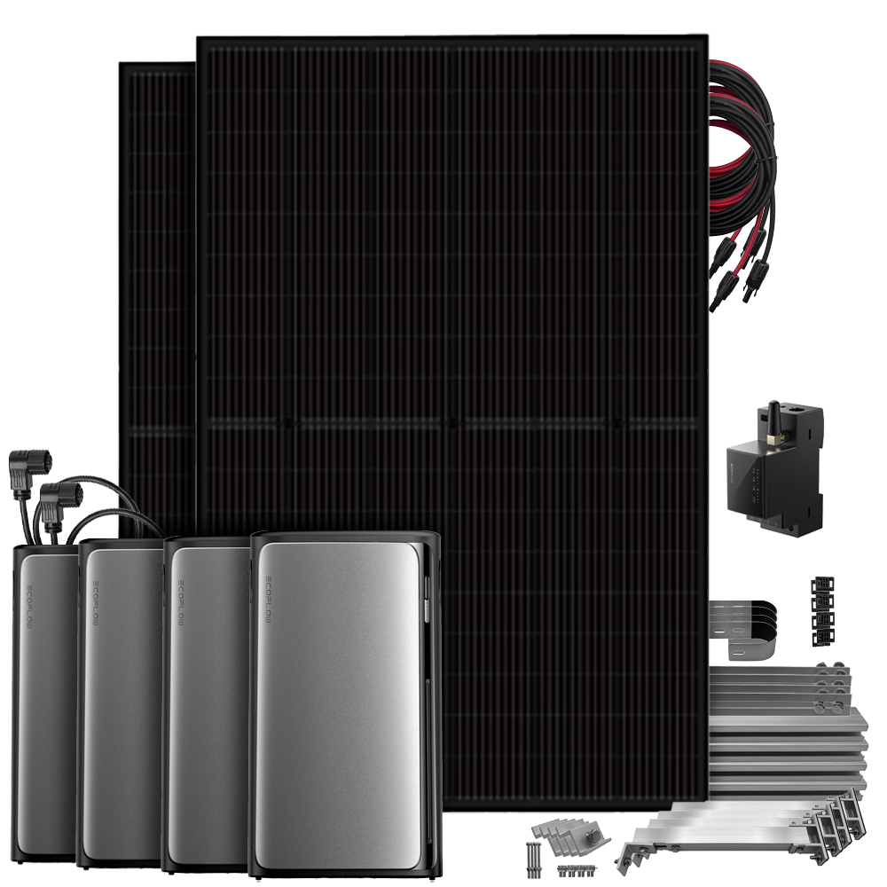 Setansicht: 2 Solarmodule, EcoFlow Stream Pro All-in-1 System, 3 AC Pro Batterien, Smart Meter, Kabeln & Balkon-Montageset