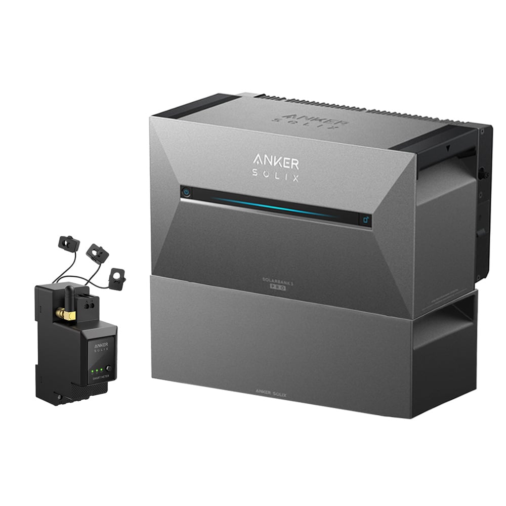 Setansicht: Anker Solix Stromzähler + 3 Stromwandler, daneben die Solix 3 Solarbank Pro E2700 mit 1 Erweiterungsbatterie