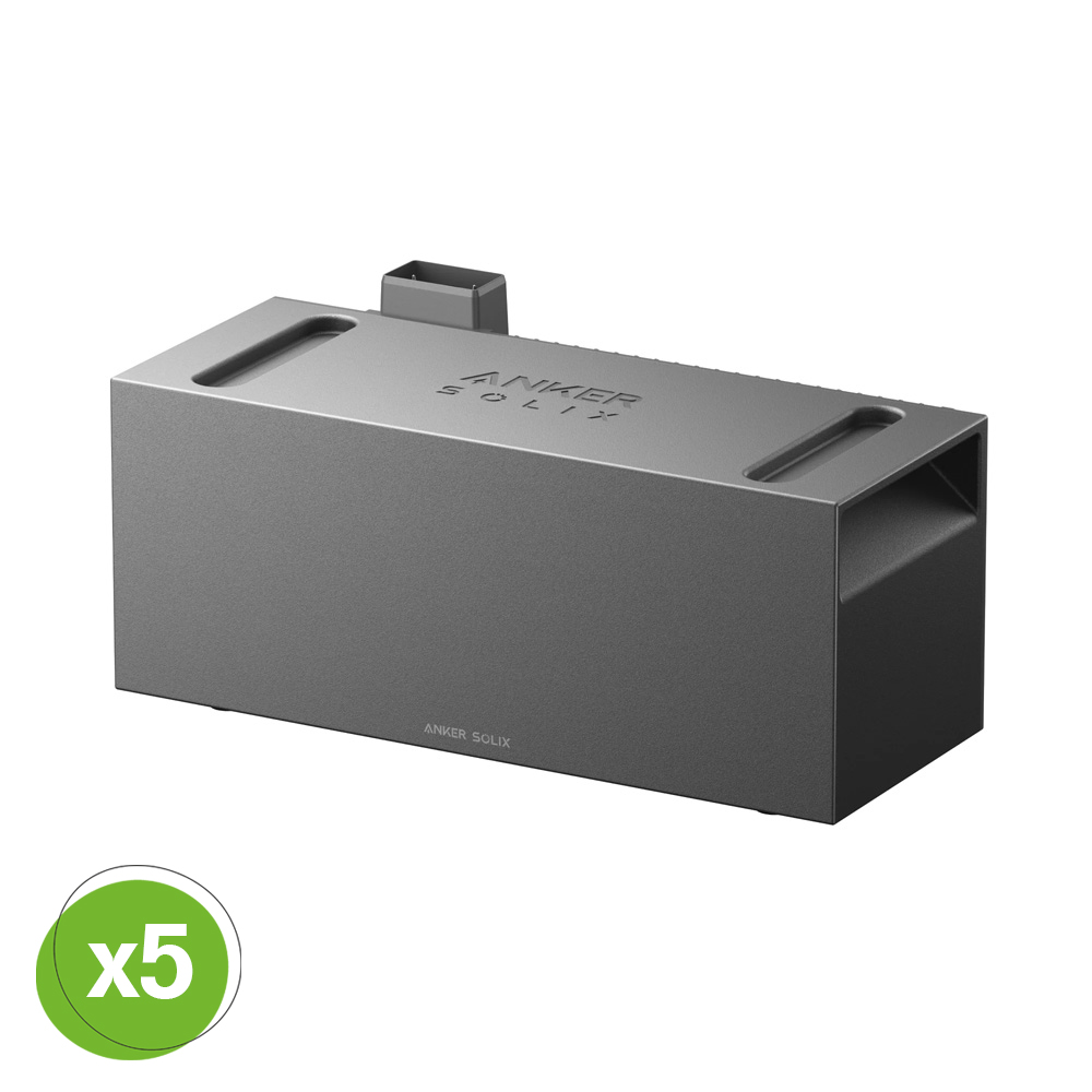 Schrägansicht: graue Anker SOLIX BP2700 Erweiterungsbatterie, unten links ist ein grüner Kreis mit x5