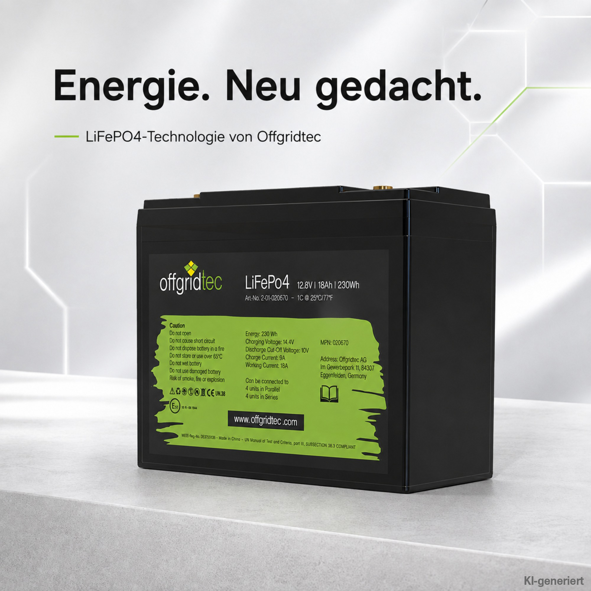 schwarze Offgridtec LiFePO4 Batterie 12V 18Ah auf grauem Untergrund