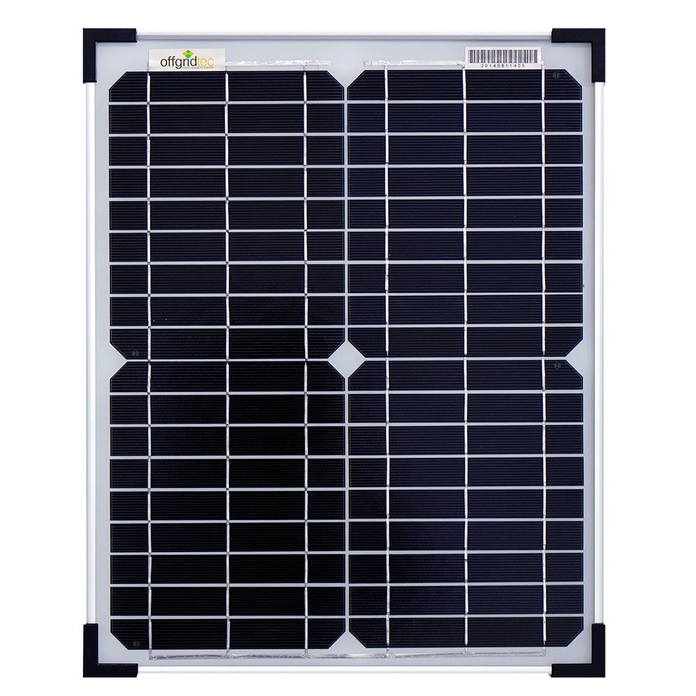 Solarmodul mit blauen Zellen, silbernem Rahmen und schwarzen Ecken in Frontansicht