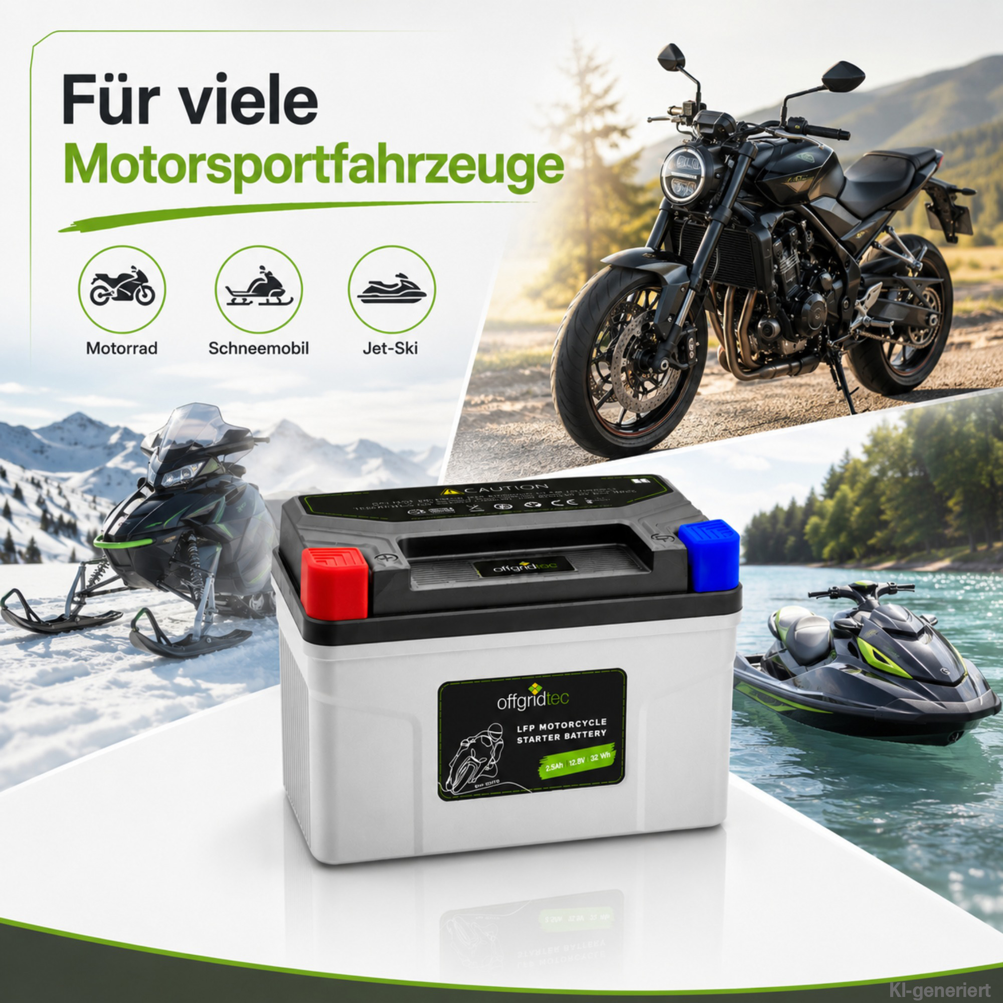 Motorradbatterie umgeben von Motorrad, Jetski und Schneemobil