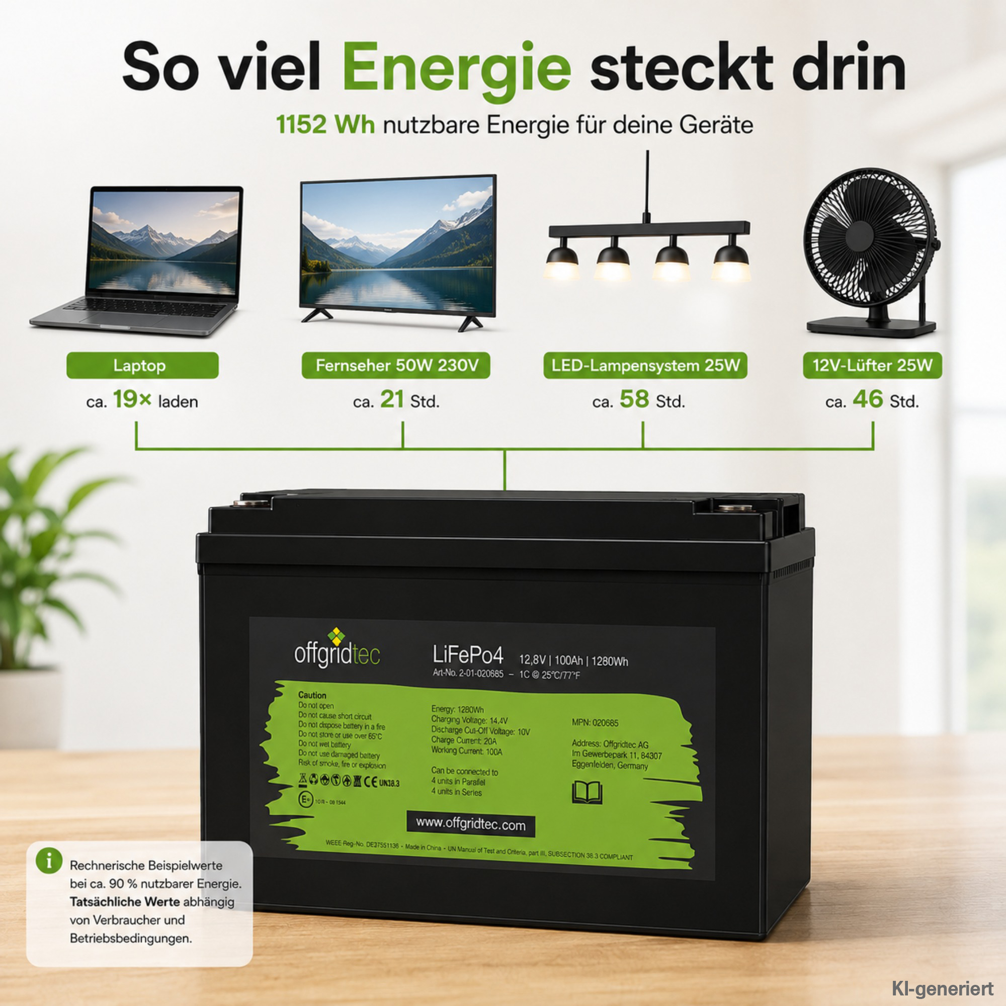schwarze Offgridtec LiFePO4 Batterie 12V 100Ah Energieberechnung