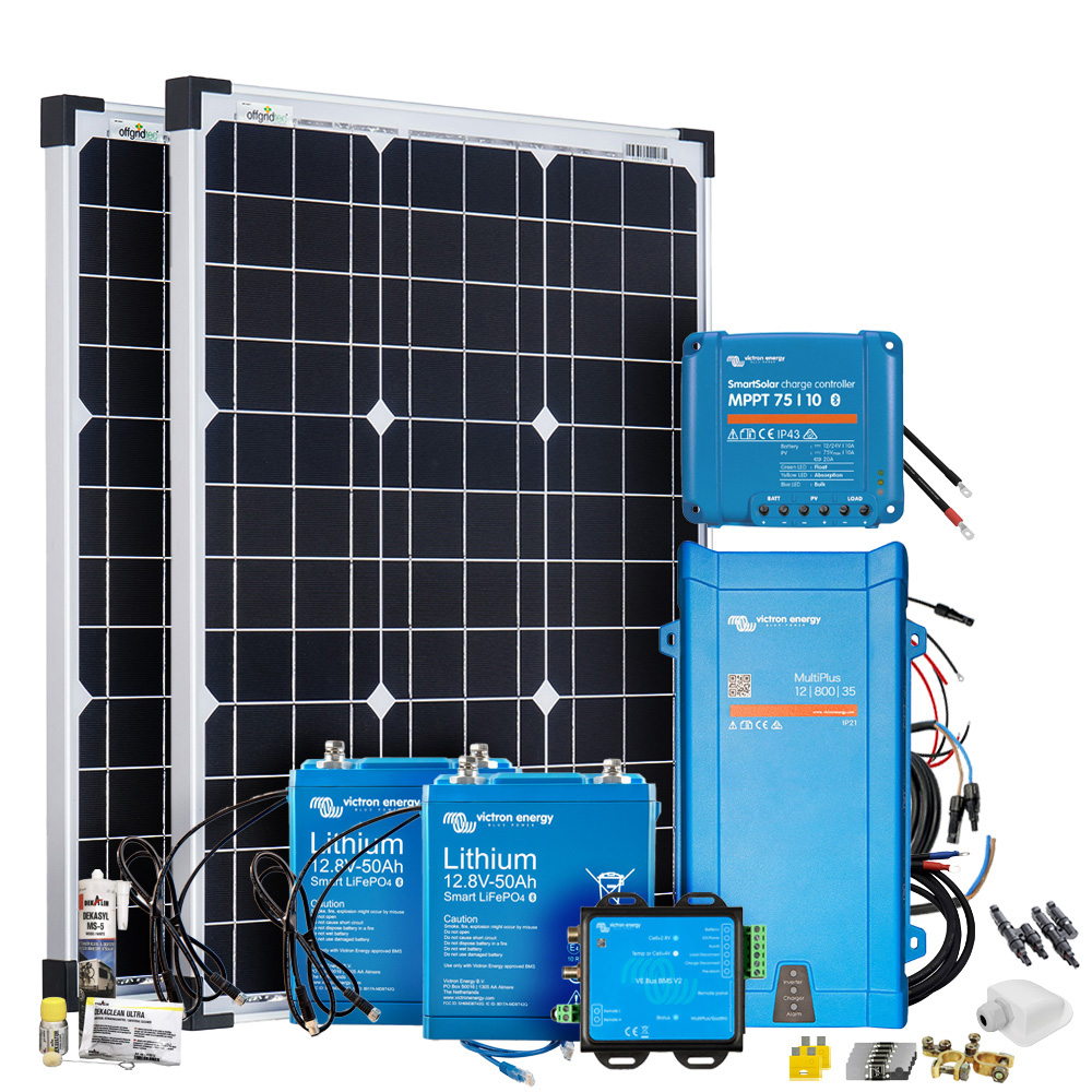 Setansicht: 2 Solarmodule, 2 Victron Batterien mit passendem BMS, MultiPlus, SmartSolar und umfangreichem Zubehör