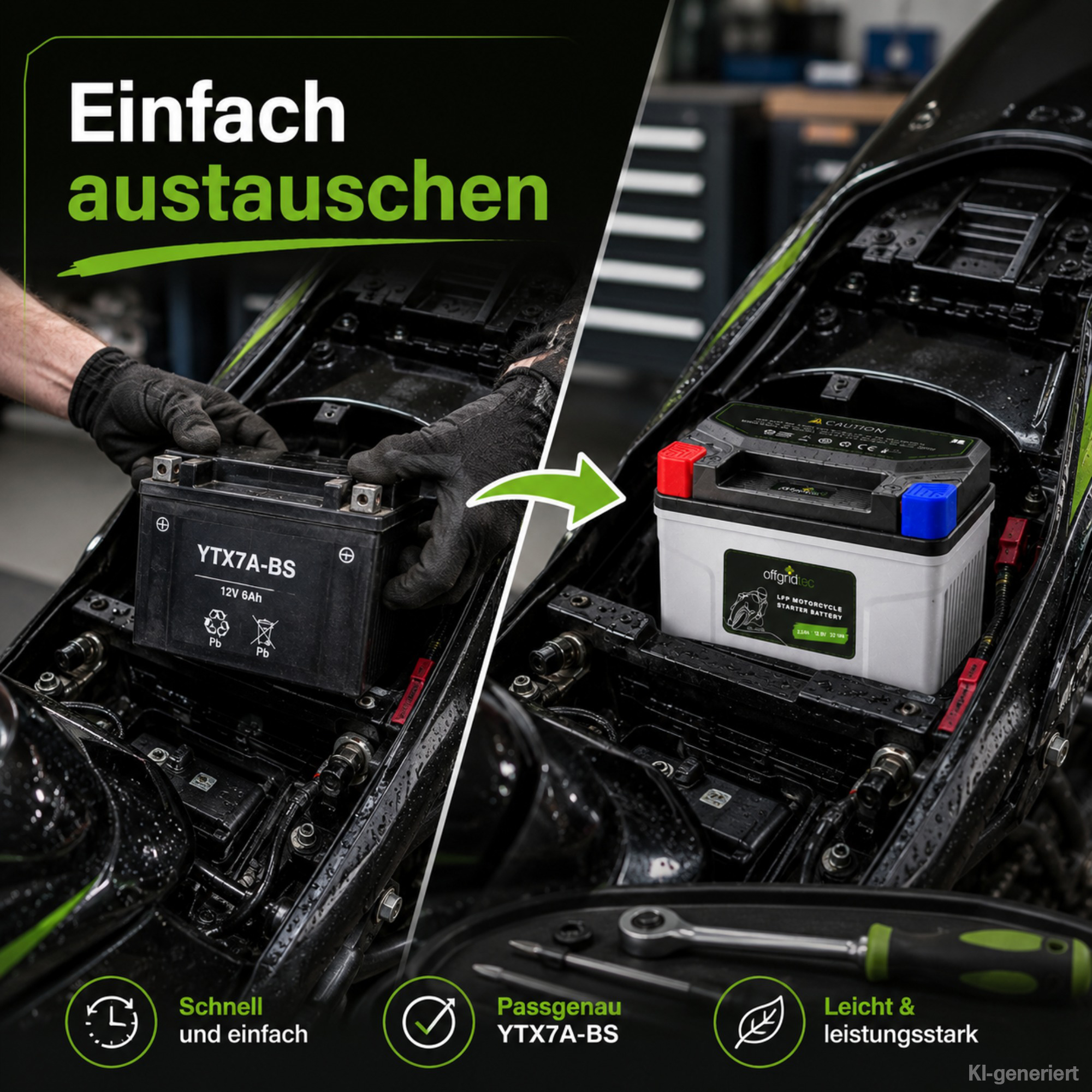 Motorradbatterie in Motorrad-Umgebung zum Austausch