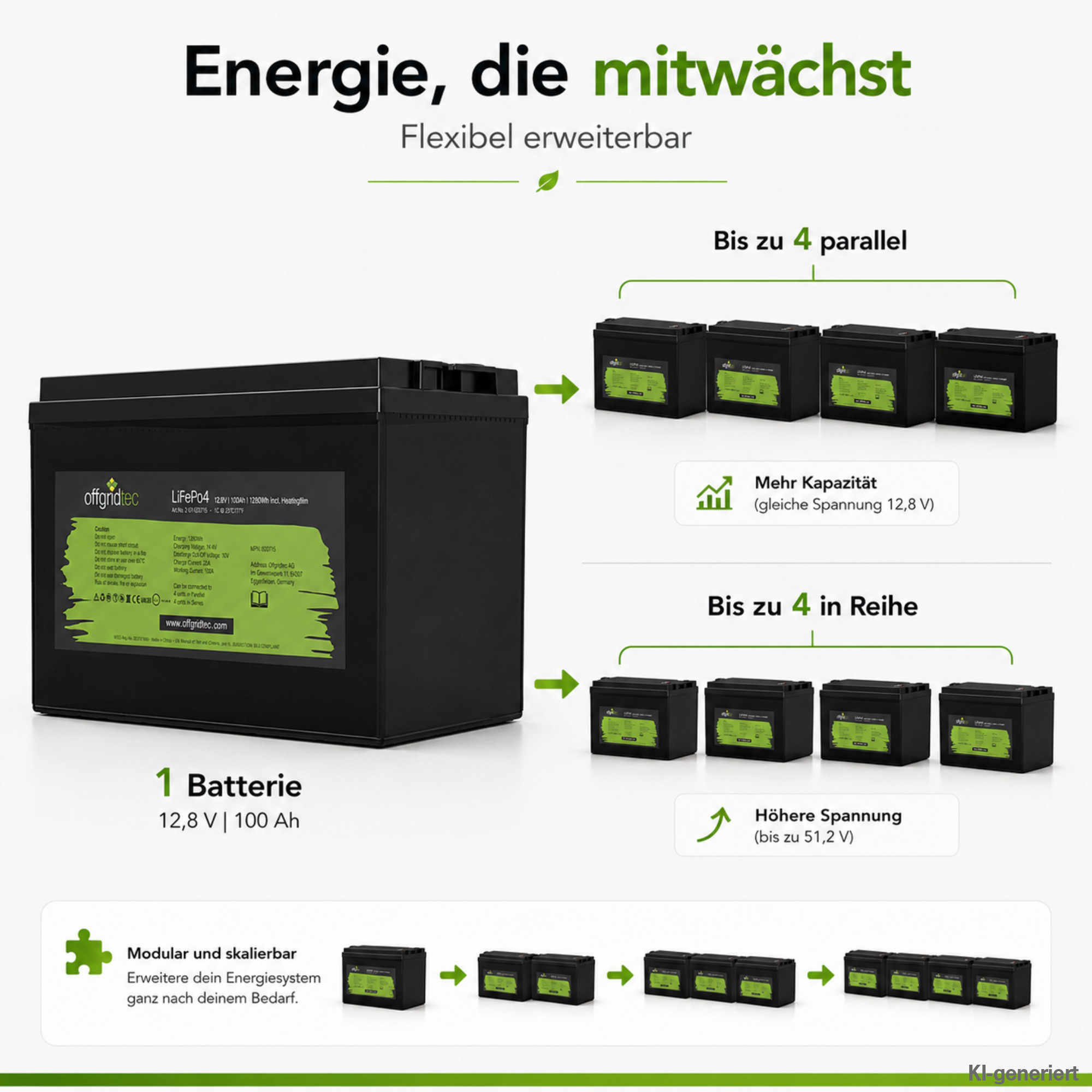 schwarze Offgridtec LiFePO4 Batterie 12V 100Ah mit Heizmatte Erweiterungsmöglichkeiten parallel und in Reihe
