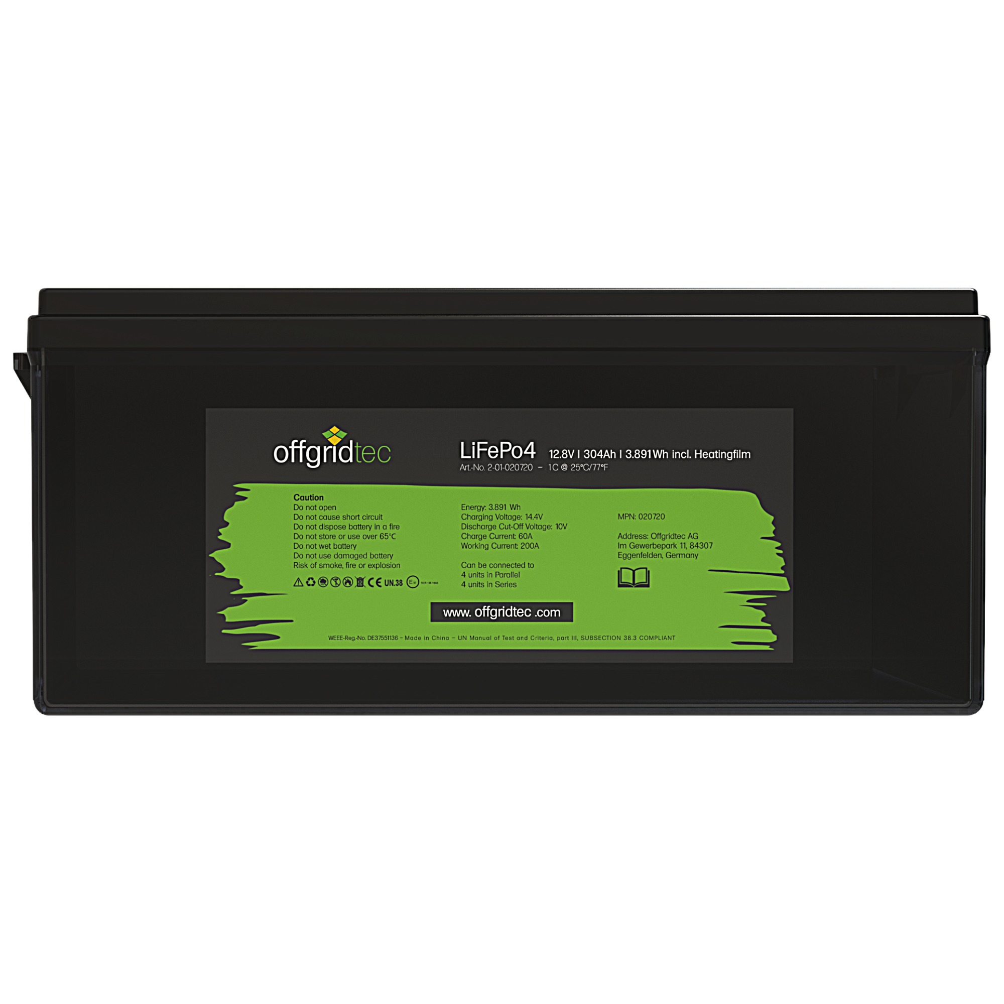schwarze Offgridtec LiFePO4 Batterie 12V 304Ah mit Heizmatte Frontalansicht Etikett