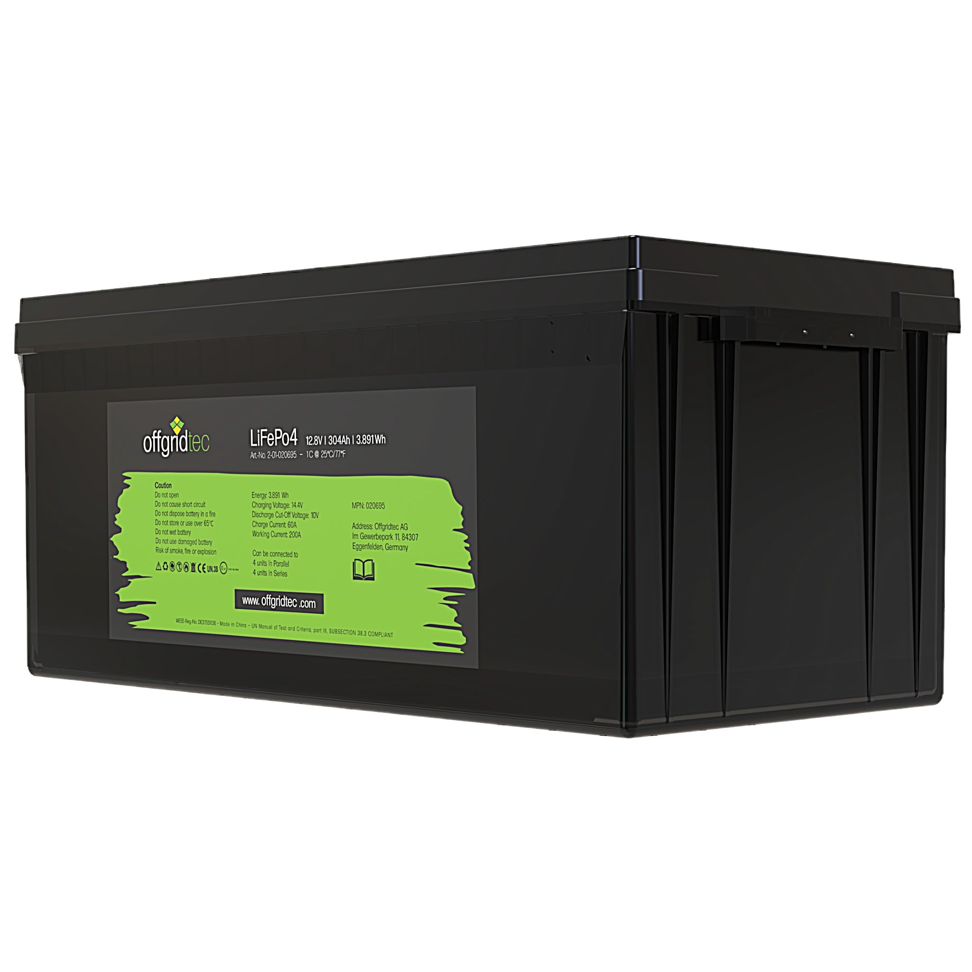 schwarze Offgridtec LiFePO4 Batterie 12V 300Ah schräge Frontansicht rechts