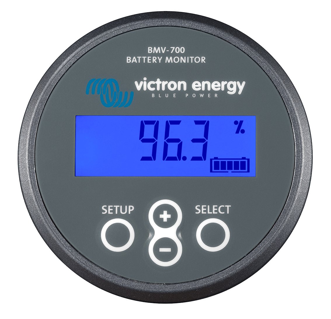 Batterie-Monitor in grau mit blauem Display und Anzeige