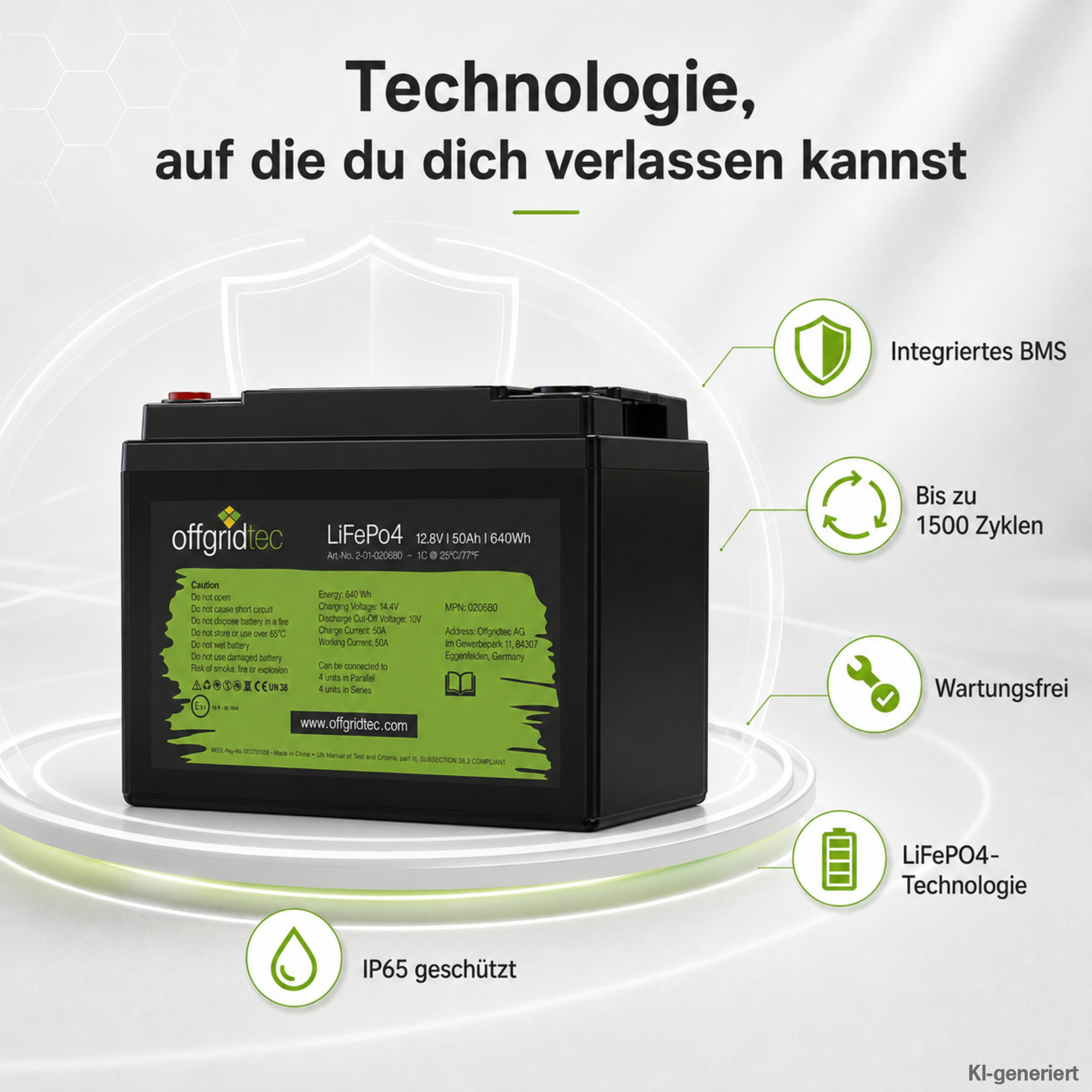 schwarze Offgridtec LiFePo4 Batterie 12V 50Ah Verkaufsargumente um Akku herum