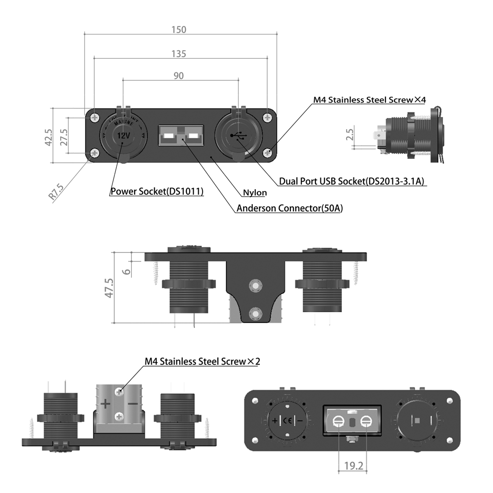 Flush Mount Anderson Steckdose Doppel USB Ladegerät Panel Für