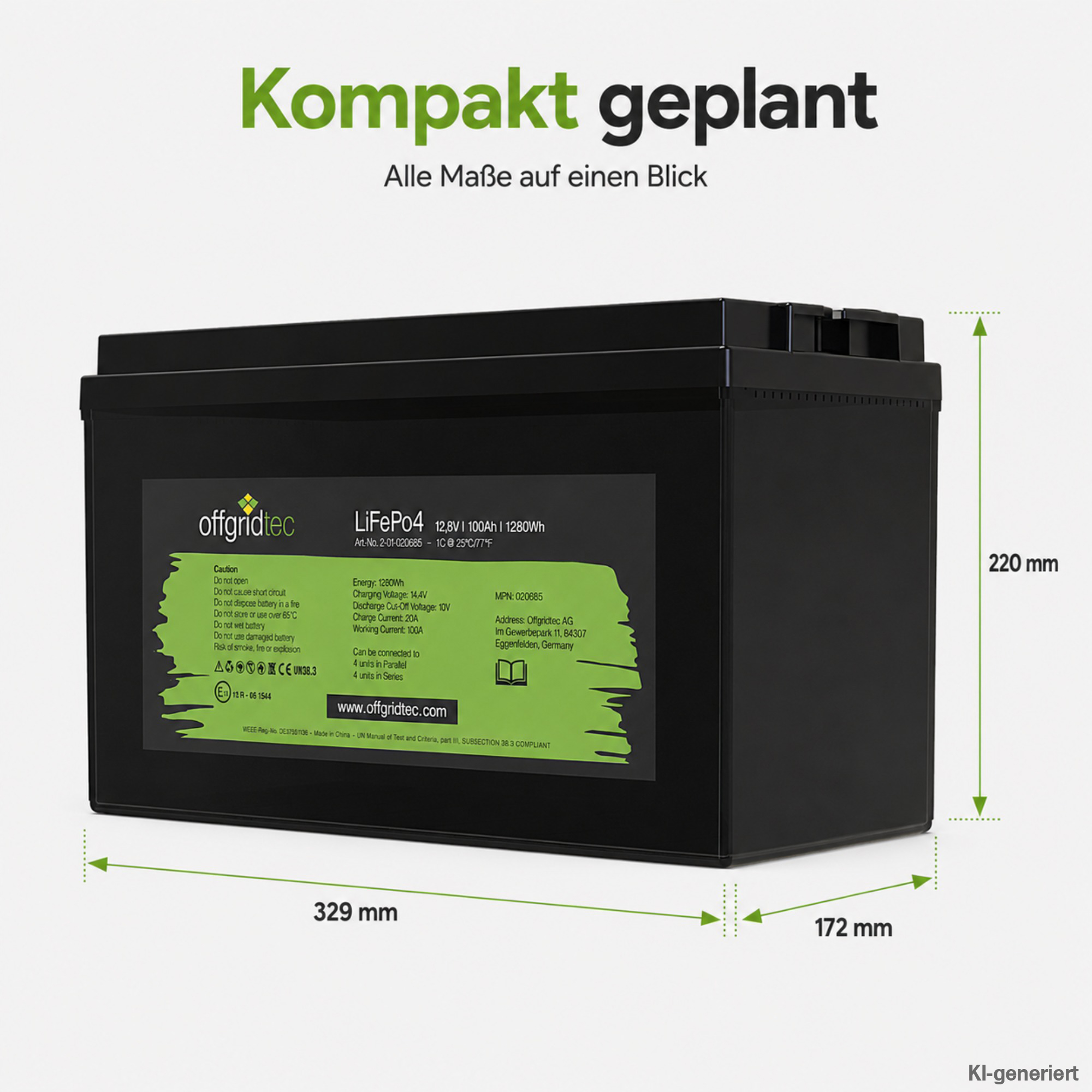 schwarze Offgridtec LiFePO4 Batterie 12V 100Ah Abmessungen