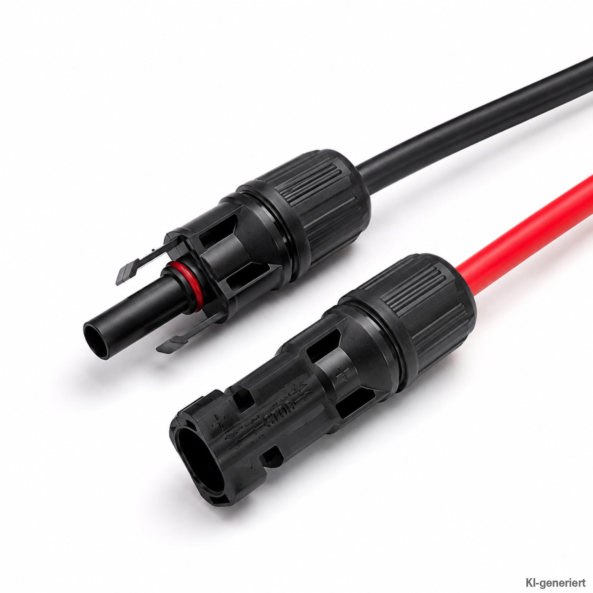 Detailaufnahme Solarstecker mit jeweils schwarzem und rotem Kabel