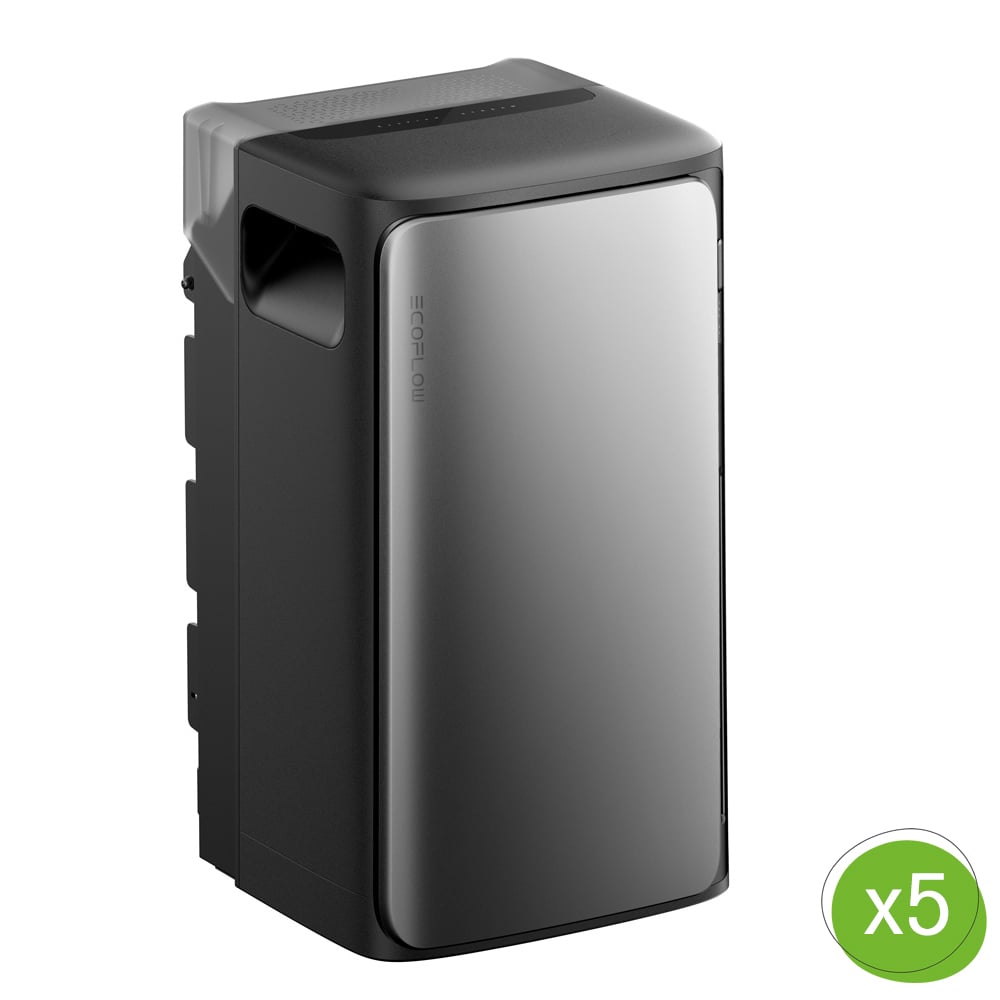 Schrägansicht: EcoFlow Stream AC Pro 1,92kWh Batterie; schwarz mit silberner Frontabdeckung; Mengenangabe "x5"