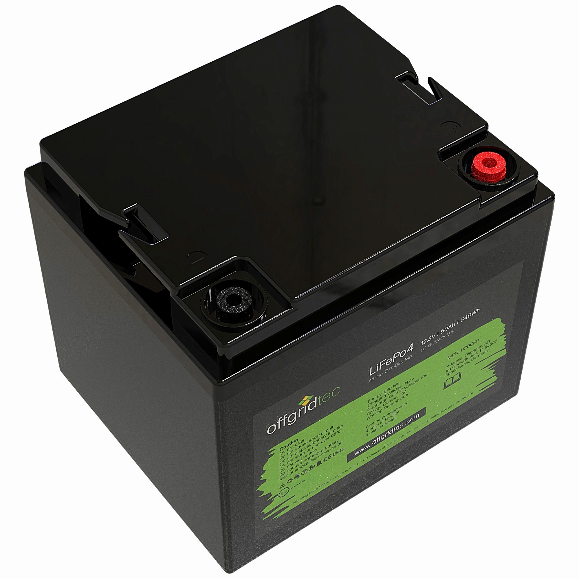 schwarze Offgridtec LiFePo4 Batterie 12V 50Ah Schrägansicht oben links