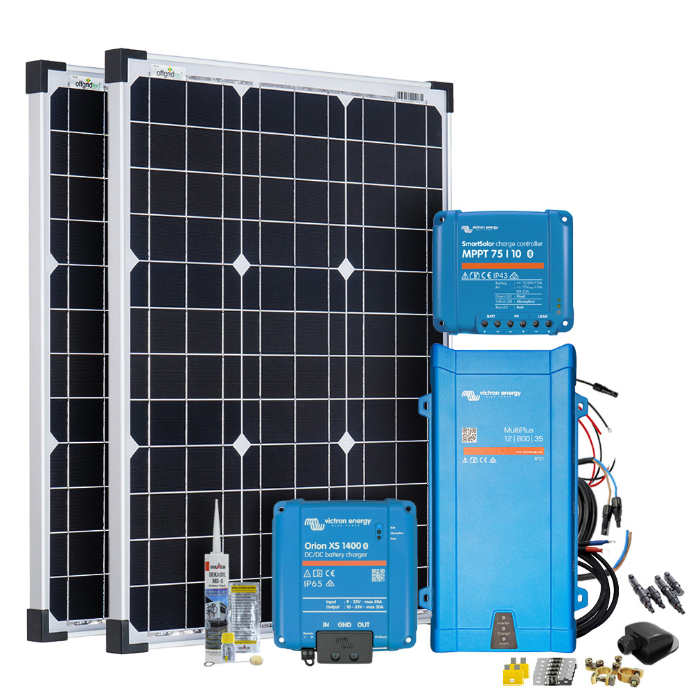 Setansicht: 2 Solarmodule, Victron MultiPlus, Victron SmartSolar, Victron Orion XS und umfangreiches Zubehör