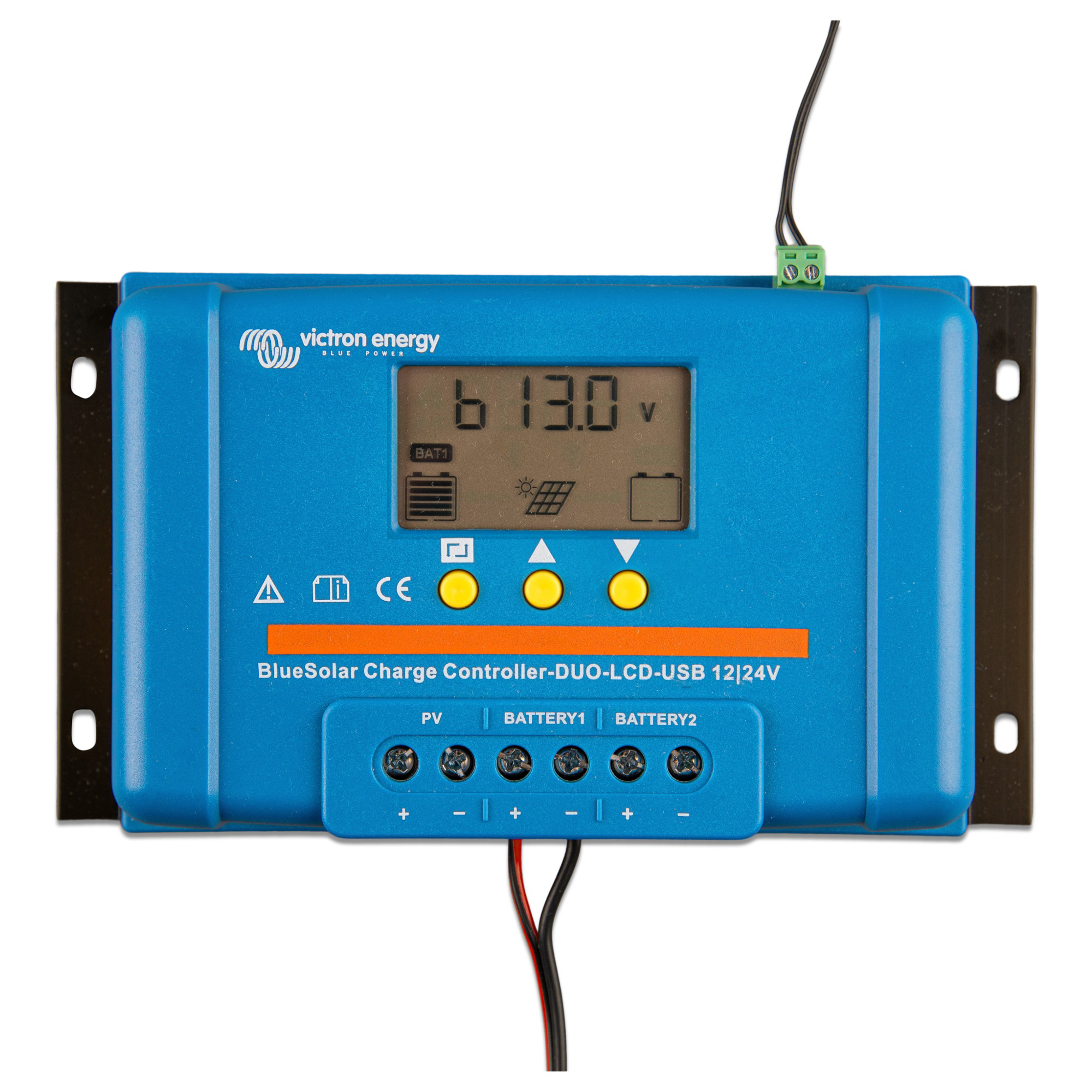 Victron BlueSolar PWM-LCD 30A Solarladeregler Frontalansicht Display mit Kabeln