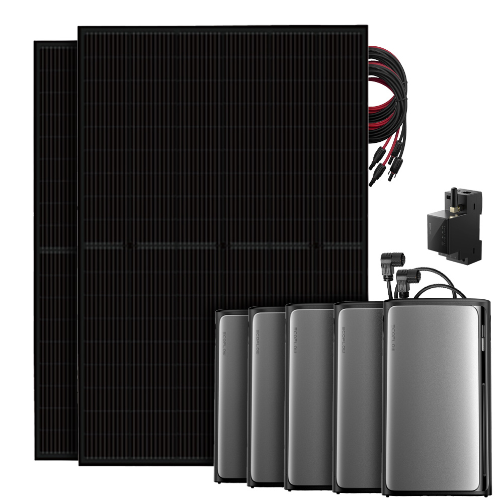 Setansicht: 2 Solarmodule, EcoFlow Stream Pro All-in-1 System, 4 AC Pro Batterien, Smart Meter und Kabel