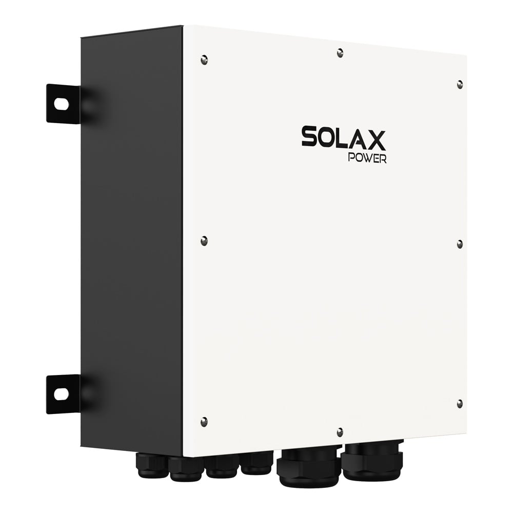 Schrägansicht von links: Solax X3-PBOX-300kW-G2, rechteckig, weiß-schwarz, mit Montagehalterungen & Kabelverschraubungen