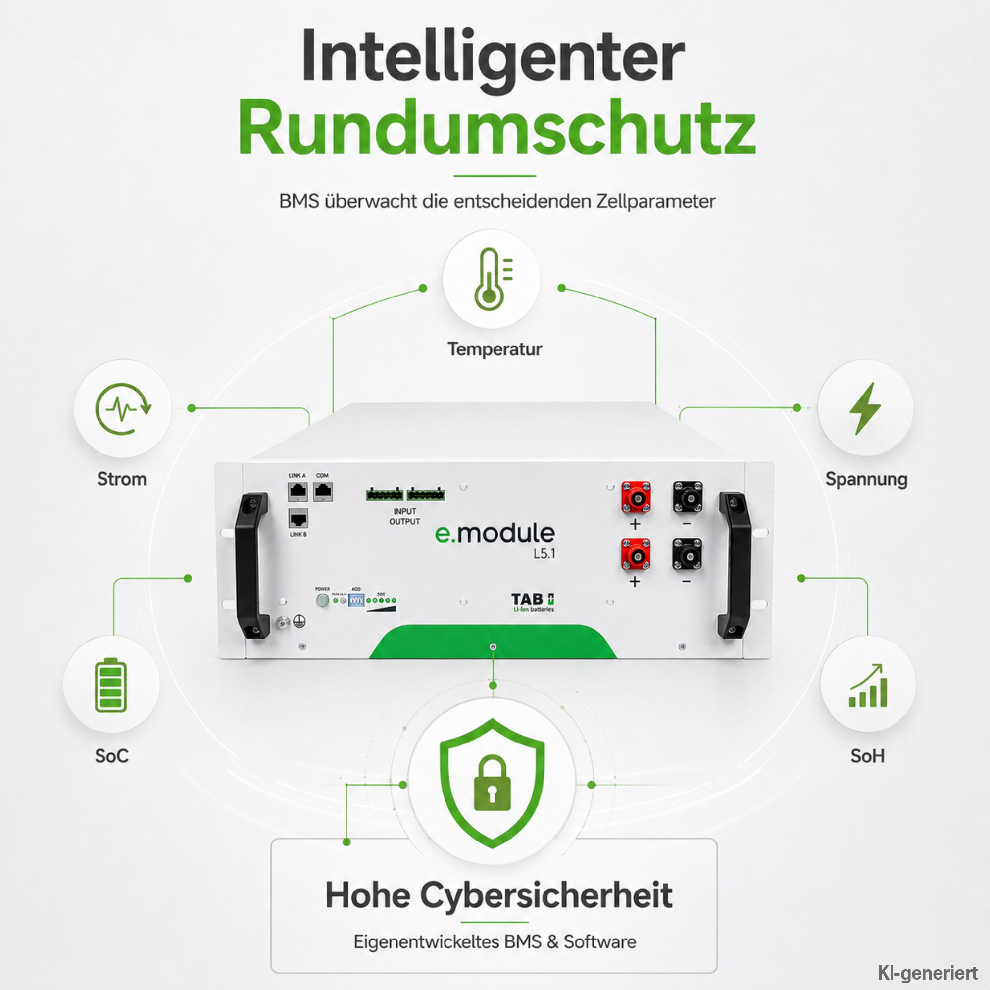 weißes Batteriemodul mit schwarzen Griffen Frontalansicht mit Schutzfunktionen und Icons herum