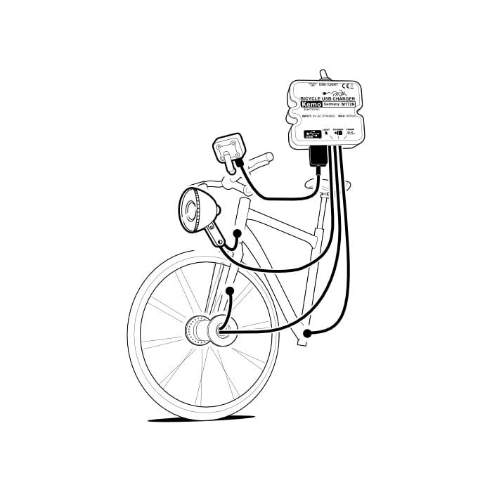 Zeichnung vom Fahrrad-Power-Ladregler in Benutzung mit einem Fahrrad und Zubehör