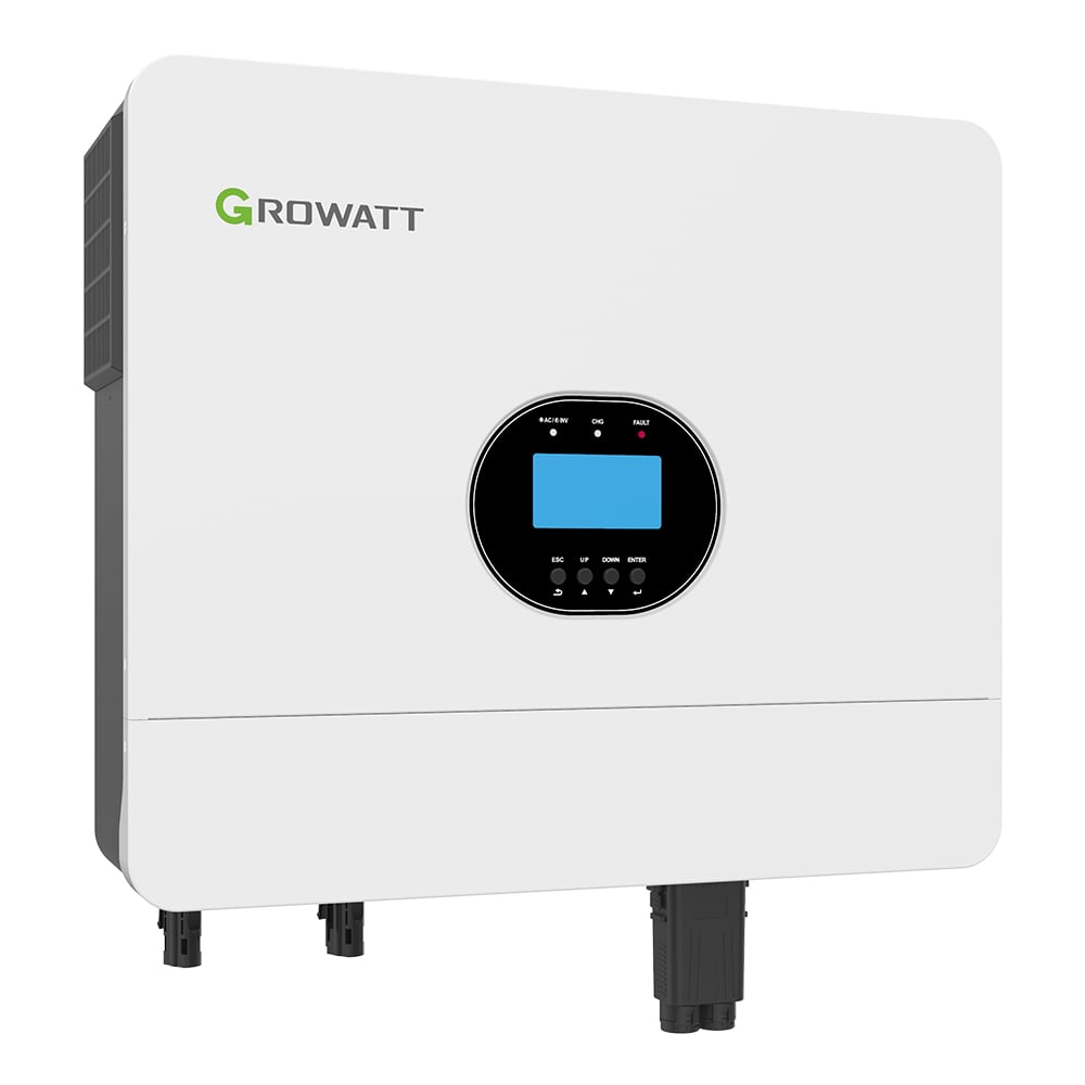 Schrägansicht von links: Weißer Growatt SPF6000 ES Plus Off-Grid Wechselrichter mit Display und Anschlüssen