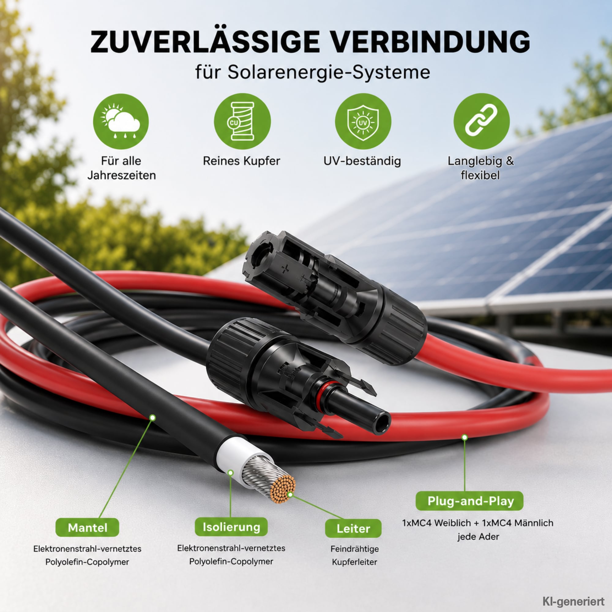 15m 4mm Solarkabel mit Solarstecker und offener Litze für zuverlässige Verbindung mit Solarmodul im Hintergrund