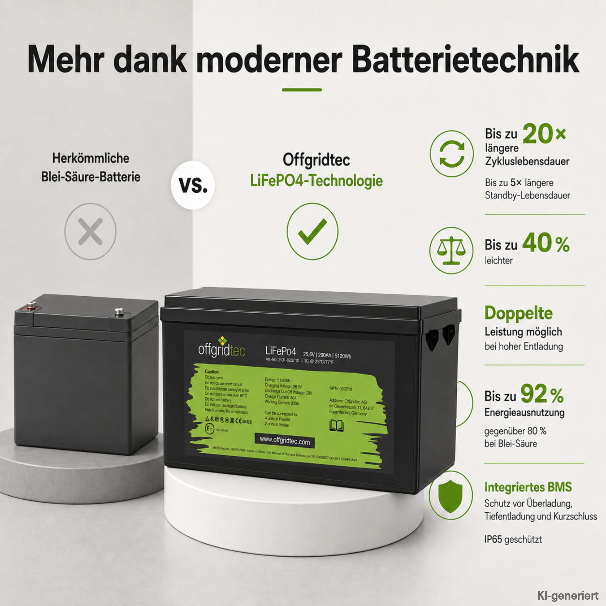 schwarze Offgridtec LiFePO4 Batterie 24V 200Ah Vergleich mit Blei-Säure-Akku