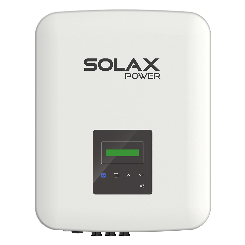 Frontansicht: Solax X3-MIC-6.0K-G2 Inverter, weiß-schwarz mit Logo, Bedienfeld, Display und Anschlüssen