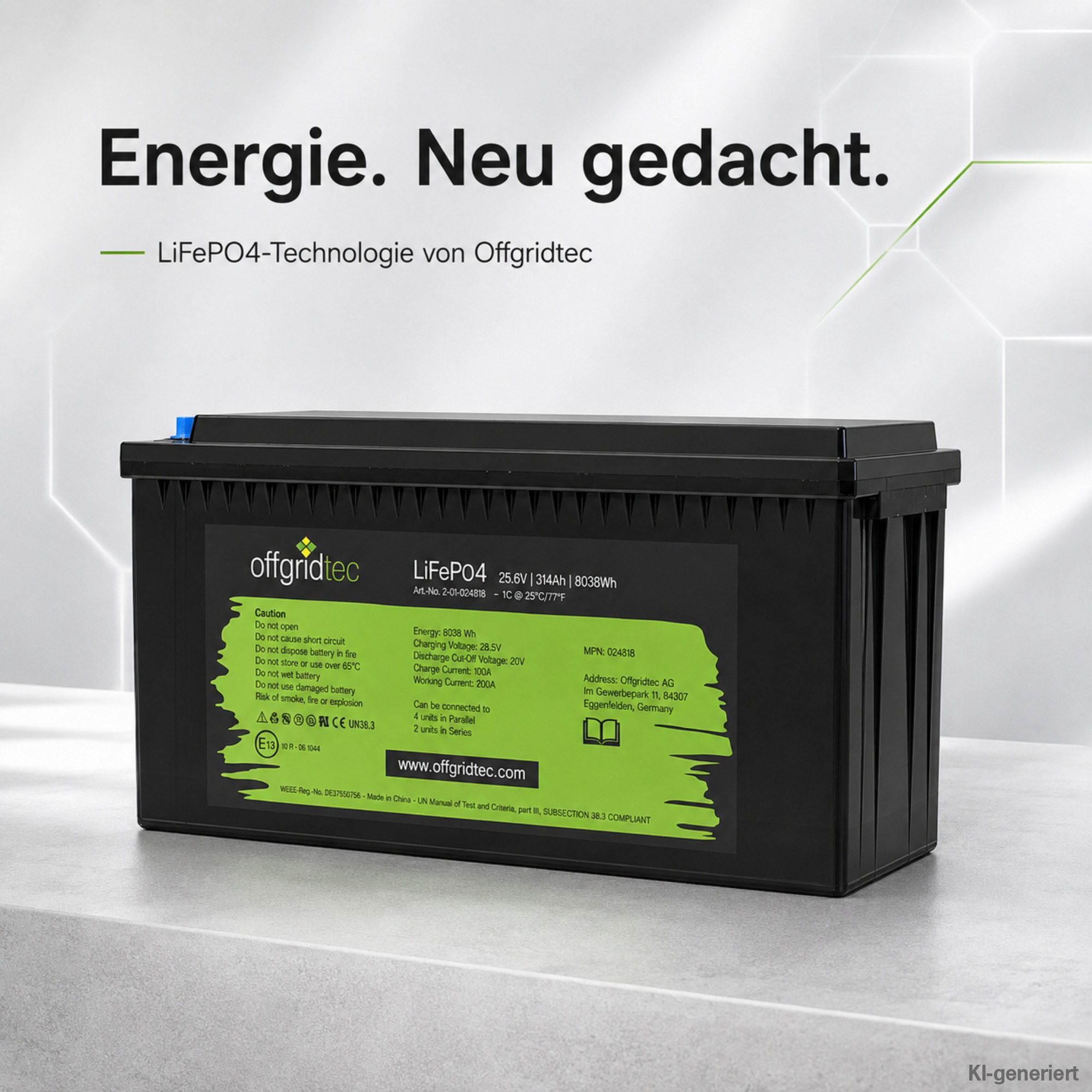 schwarze Offgridtec LiFePO4 Batterie 24V 314Ah auf grauem Untergrund