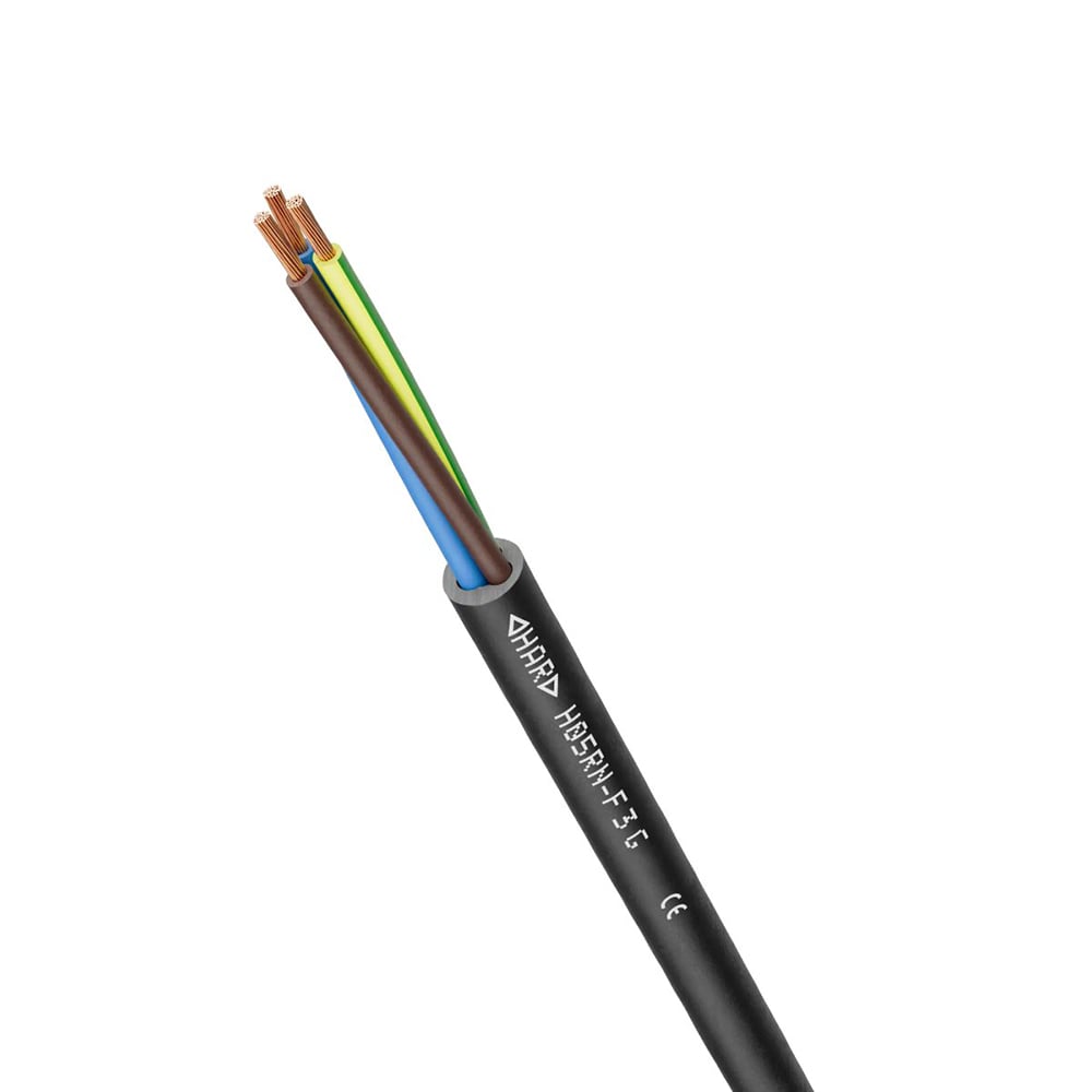 Schwarz ummantelte Steuerleitung mit drei Adern: gelb-grün, blau und braun; Leiter aus Kupfer