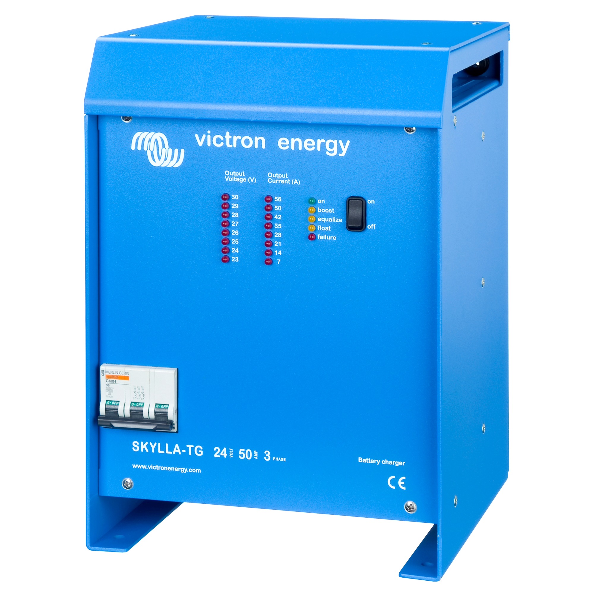blaues Victron Skylla-TG Batterieladegerät 3-phasig schräge Frontansicht rechts