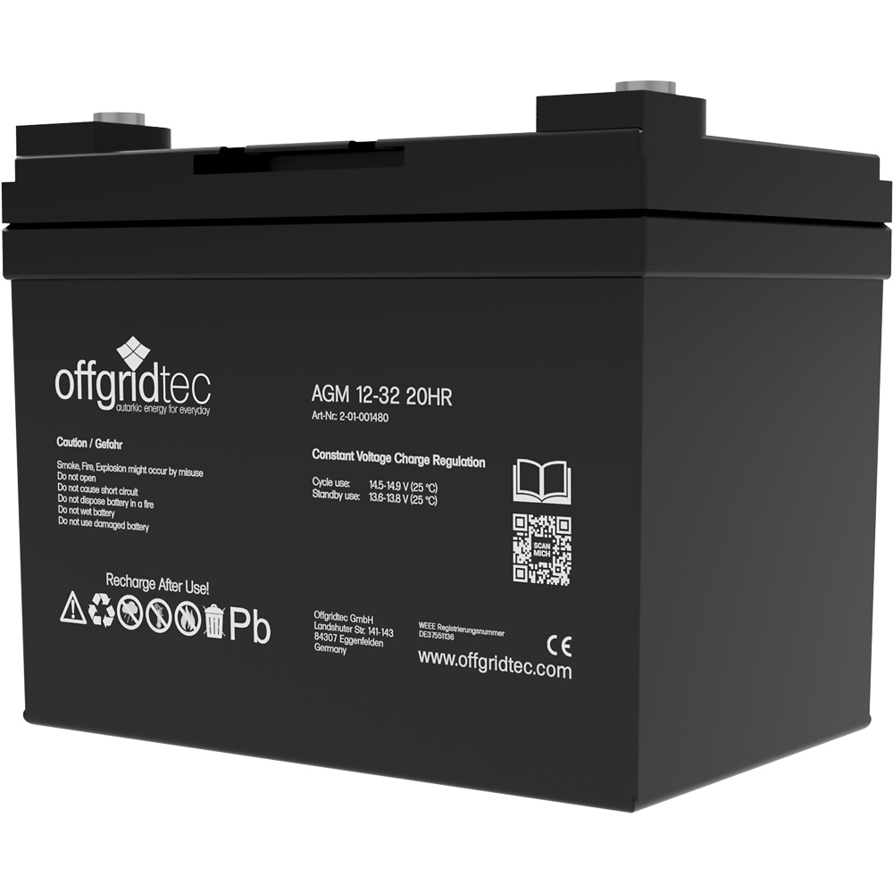Batterie in schwarz, Ansicht schräg, sichtbare Aufschrift und Ansteckpole