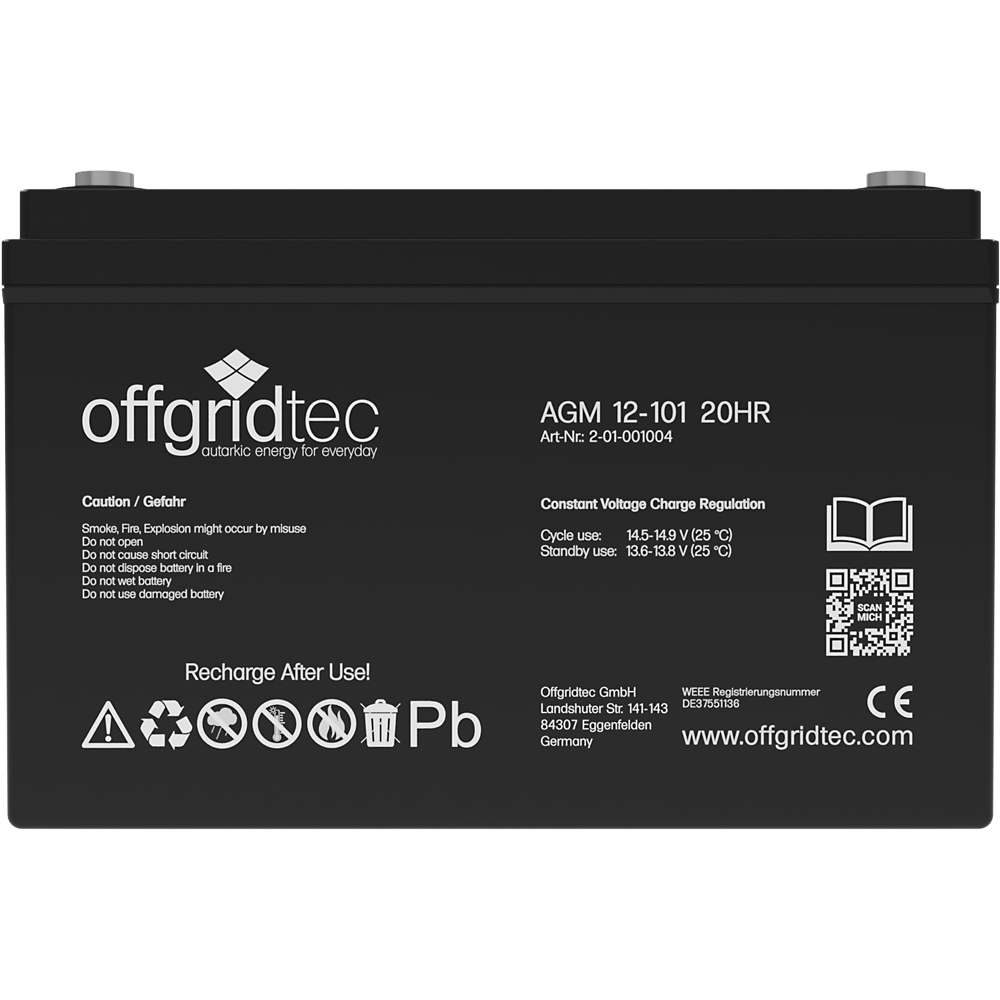 Batterie in schwarz, Ansicht von vorn, sichtbare Aufschrift und Ansteckpole