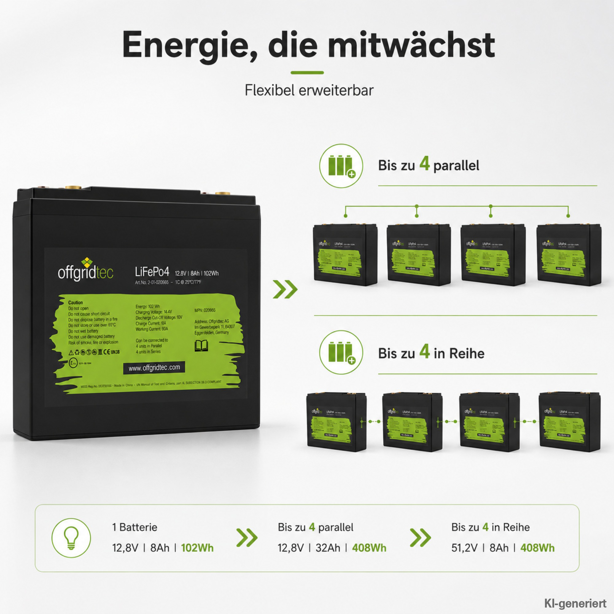 schwarze Offgridtec LiFePO4 Batterie 12V 18Ah Erweiterungsmöglichkeiten parallel und Reihe