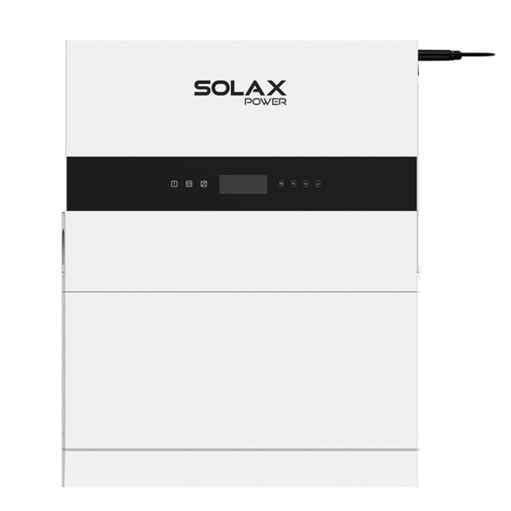 Frontansicht des weißen Solax X1-IES Speichersystems mit Wechselrichter, 1 Batterie und BMS