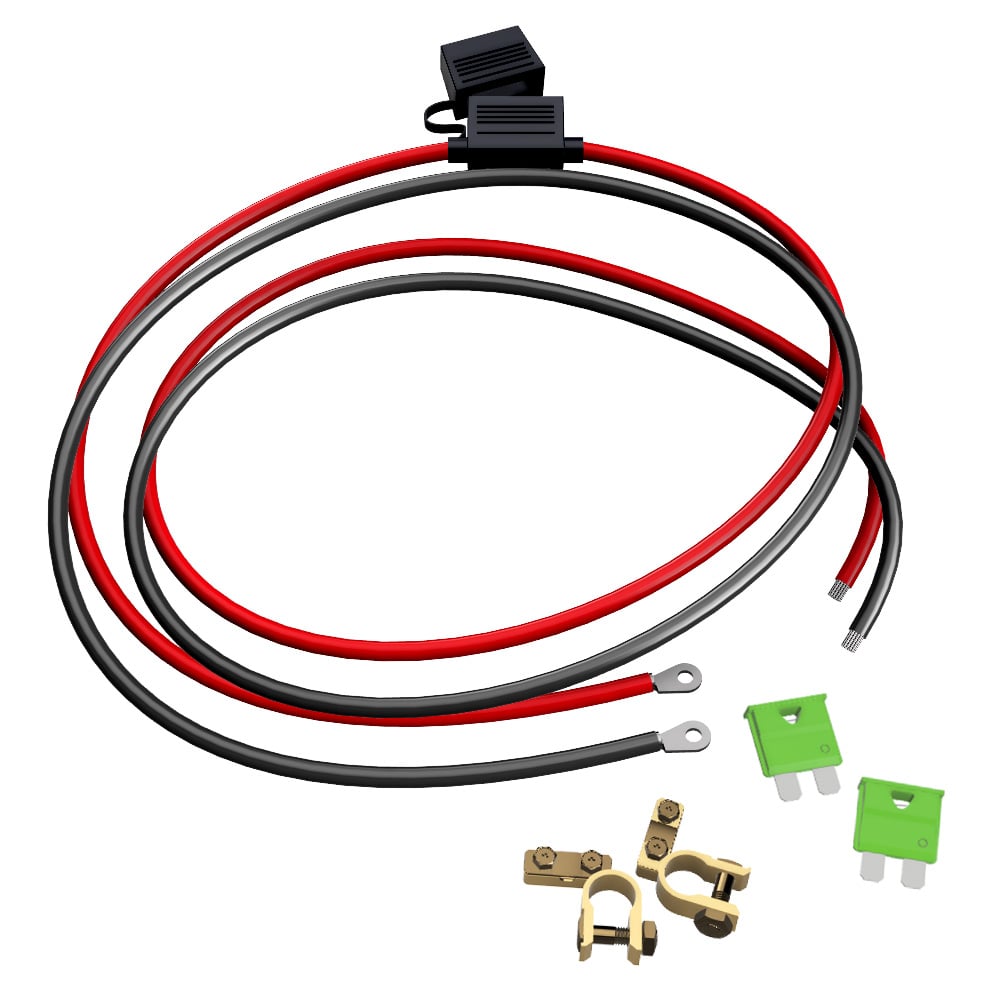 Aufgewickeltes Offgridtec Batteriekabel M8 mit Flachsicherungshalter, schwarz rot inklusive 2x 30A Sicherungen und Polklemmen