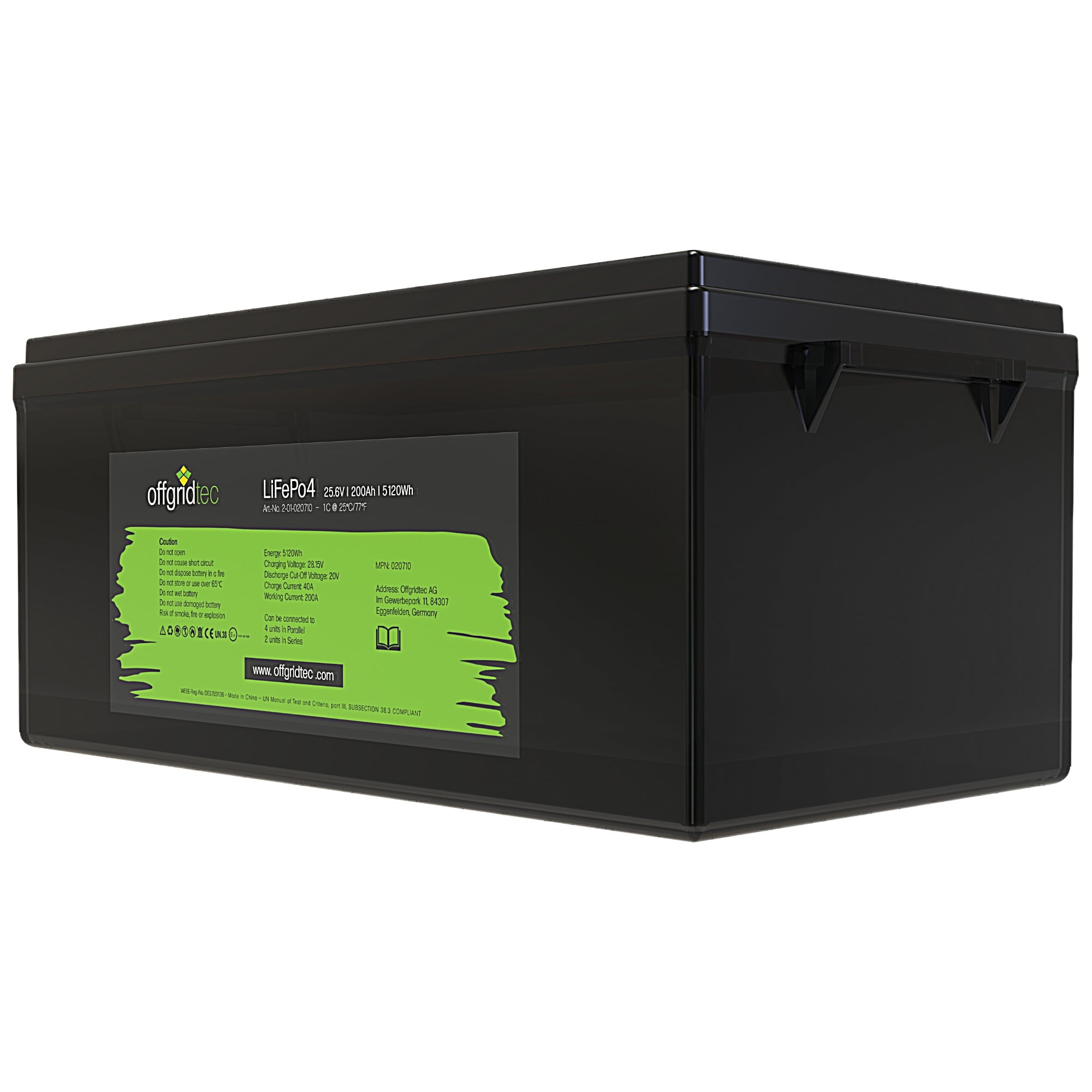 schwarze Offgridtec LiFePO4 Batterie 24V 200Ah schräge Frontansicht rechts