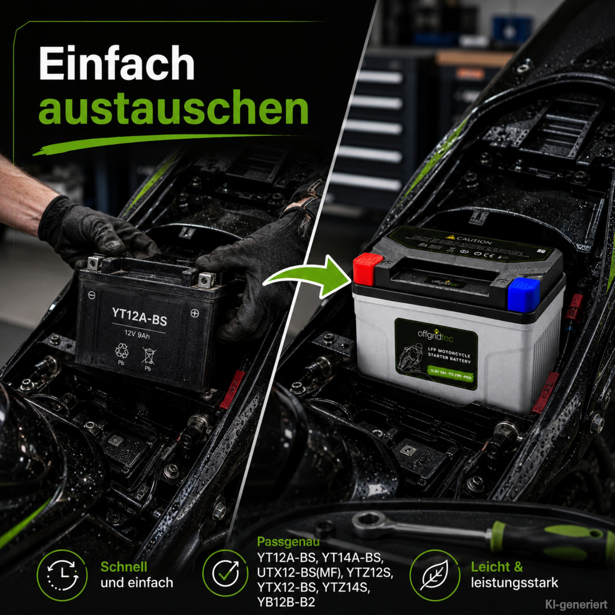 graue Motorradbatterie - einfach austauschen im Mottorrad