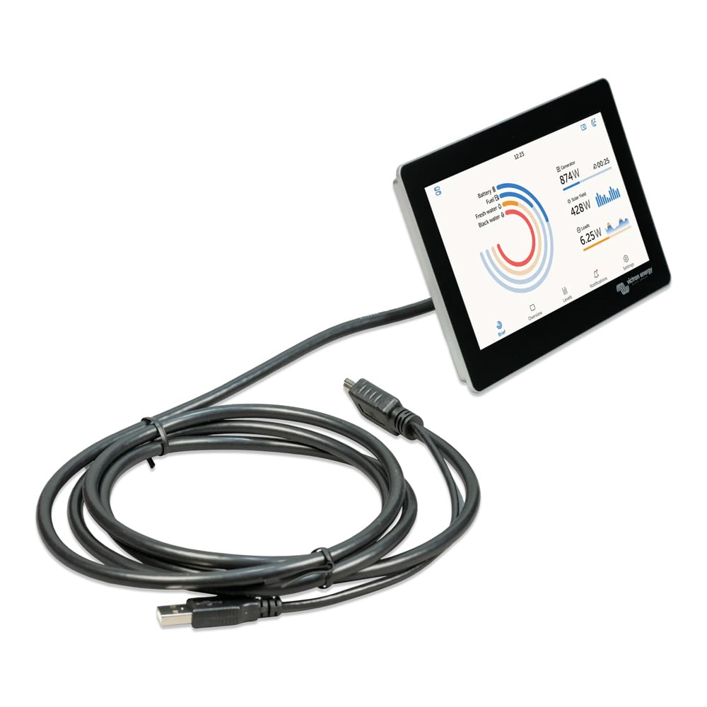 Schrägansicht: aktives GX Touch 70 Flush Display mit aktivem Bildschirm und angestecktem Kombikabel mit HDMI und USB-Stecker