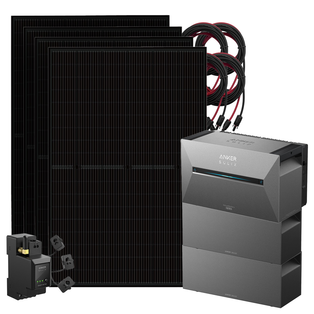 Setansicht: 4x Solarmodule, 1x Solix 3 Solarbank, 2x BP2700 Erweiterungsbatterie, 1x Stromzähler, 4x Kabel-Set