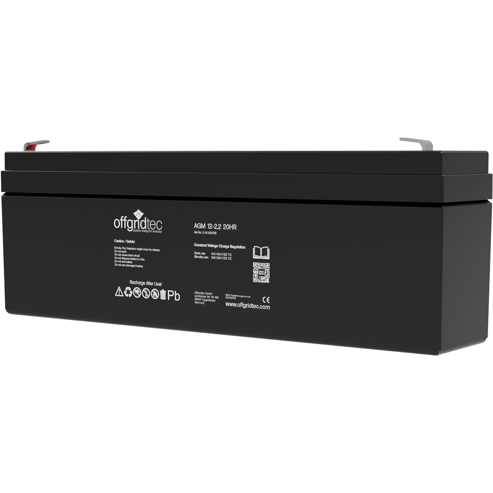 Batterie in schwarz, Ansicht schräg, sichtbare Aufschrift und Ansteckpole